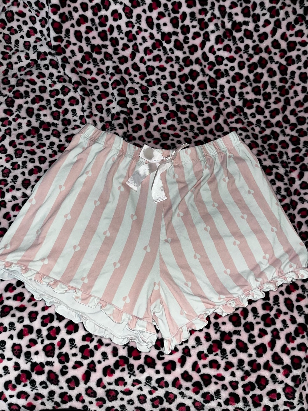 Rampage Pink & White Heart-Stripe Ruffle Sleep Shorts